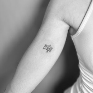 Tatuaje micro de un espeto de sardinas en el brazo